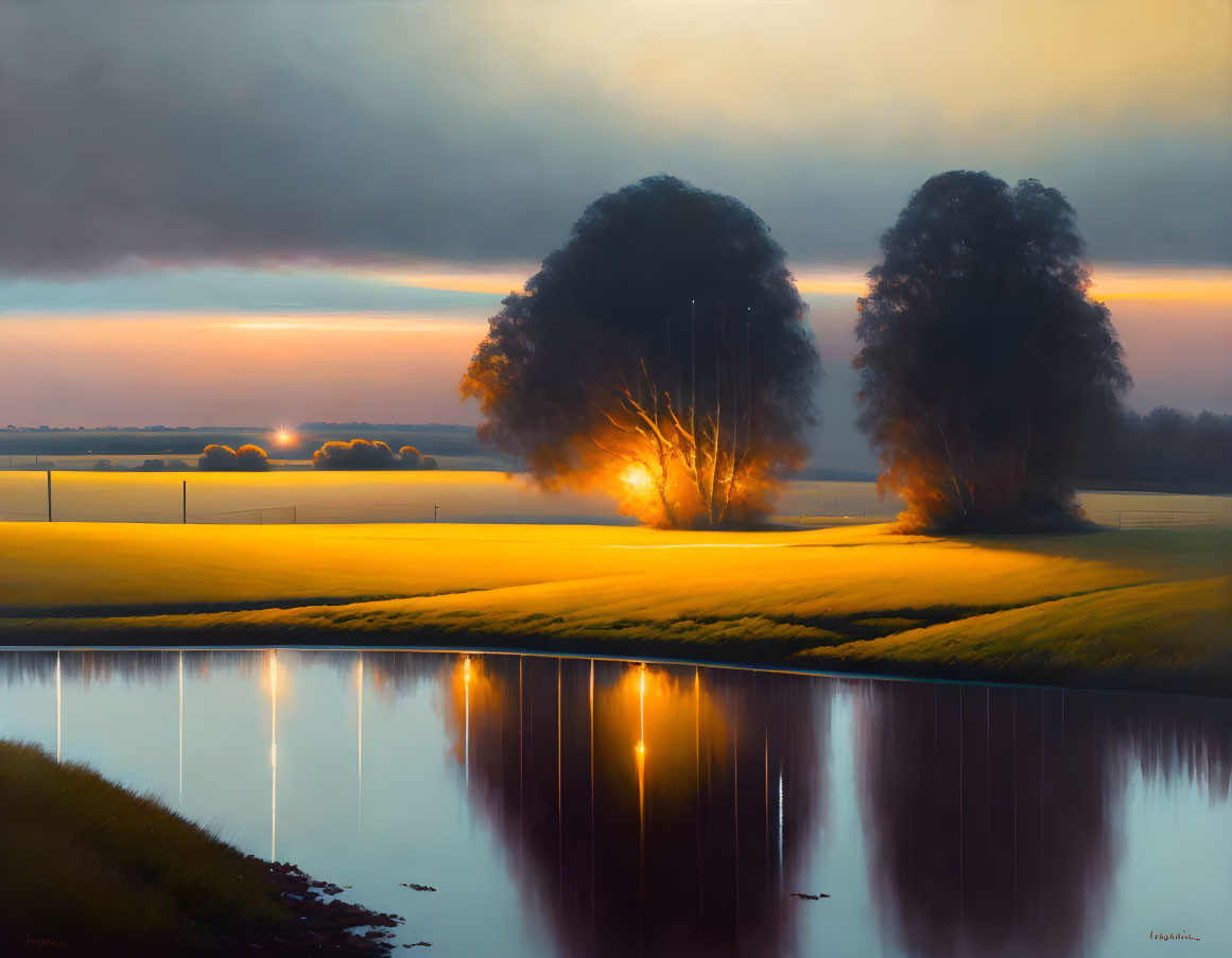 Tranquil twilight landscape with glowing lights by river and trees