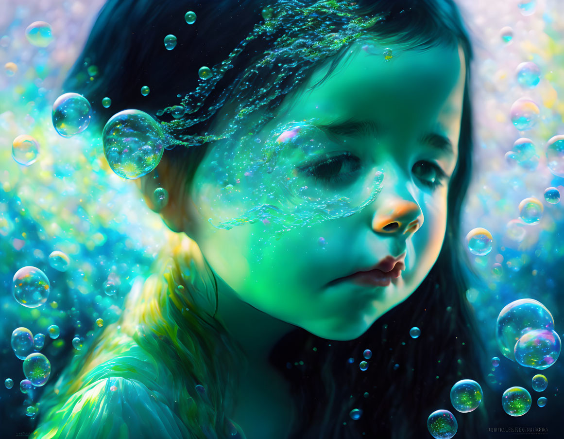 Child surrounded by luminous bubbles in vibrant blue and green backdrop