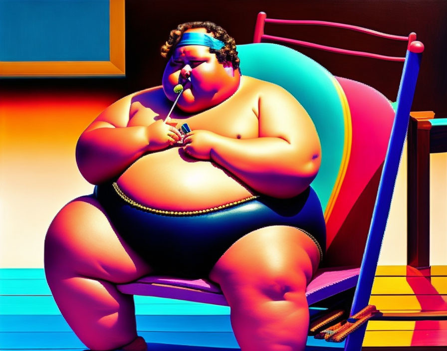 Colorful digital artwork of overweight figure on small chair