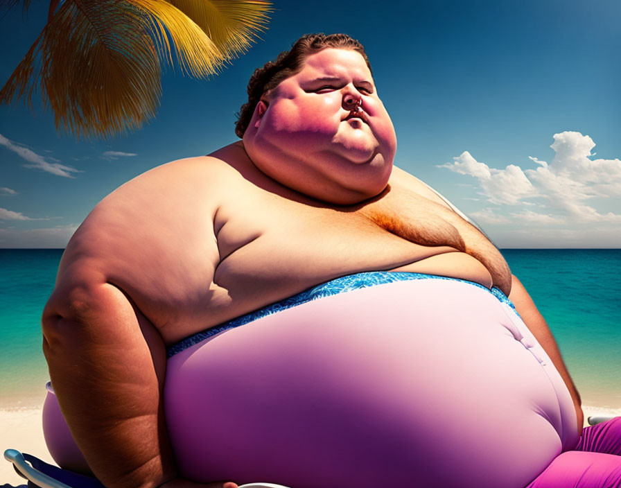 Obese cartoon character relaxing on beach with palm branch in clear blue sky