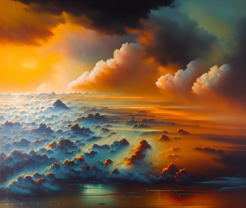 Colorful sunset over tranquil sea with scattered clouds