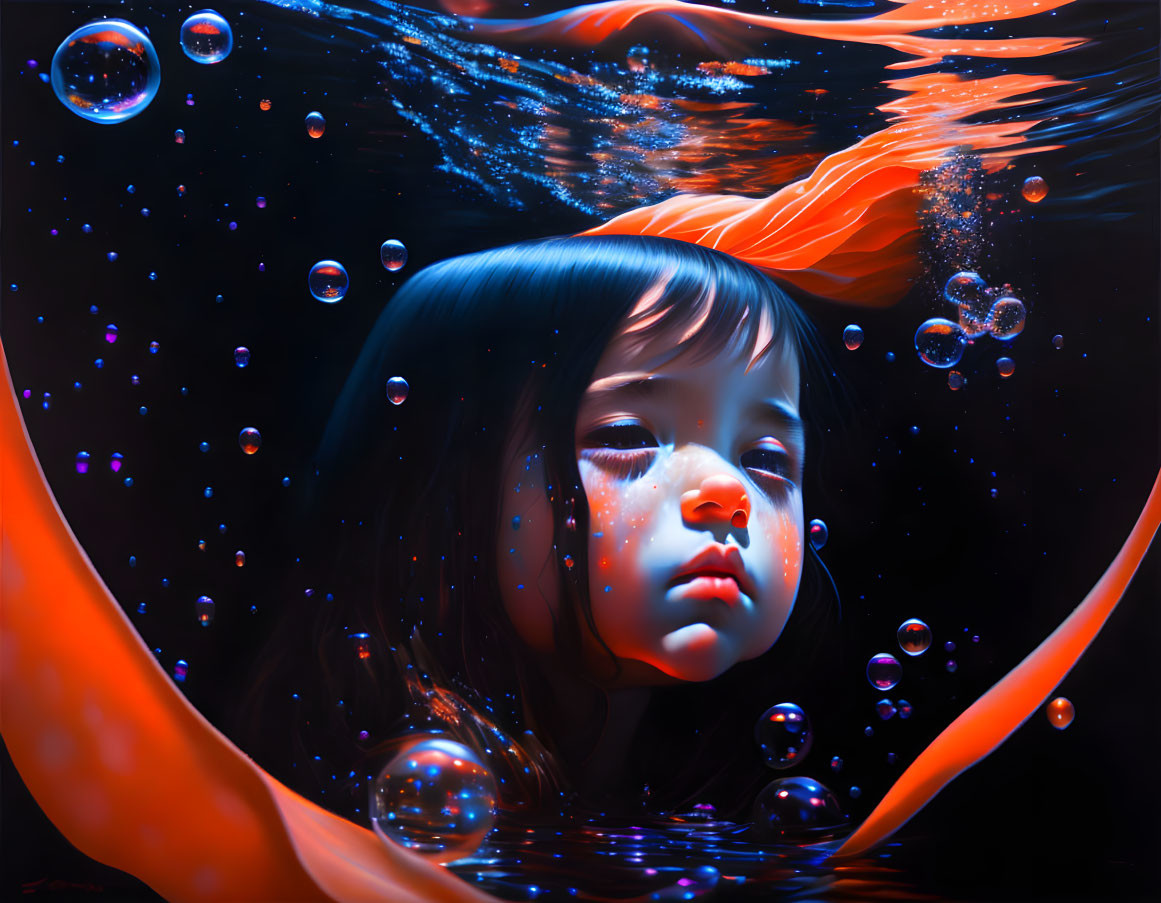 Child's Face Emerges from Dark Waters with Orange Strokes