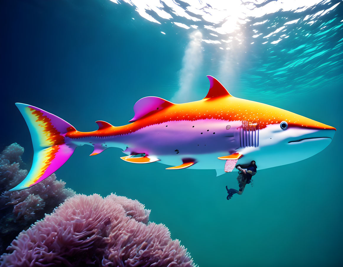 Colorful Shark-Like Creature with Rocket Engines and Diver in Digital Art