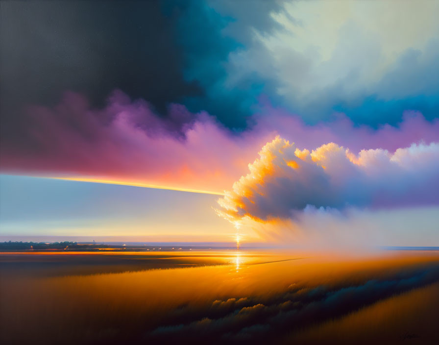 Vibrant sunset painting with dynamic clouds and reflective water