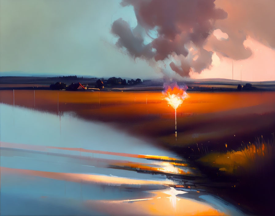 Rural landscape painting with fiery explosion at dusk