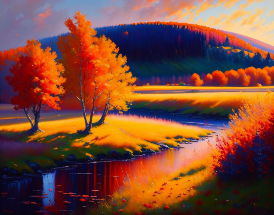 Fiery orange trees in vibrant autumn landscape