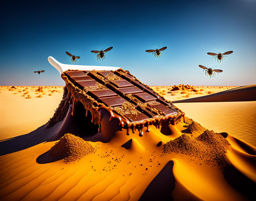 Melting chocolate bar with bees in desert landscape