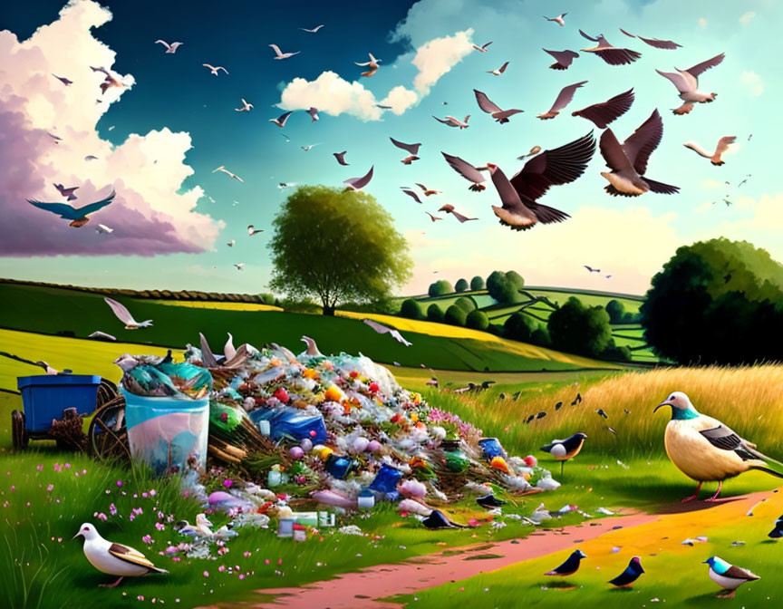 Colorful Bird Illustration Soaring Over Trash Pile in Green Landscape