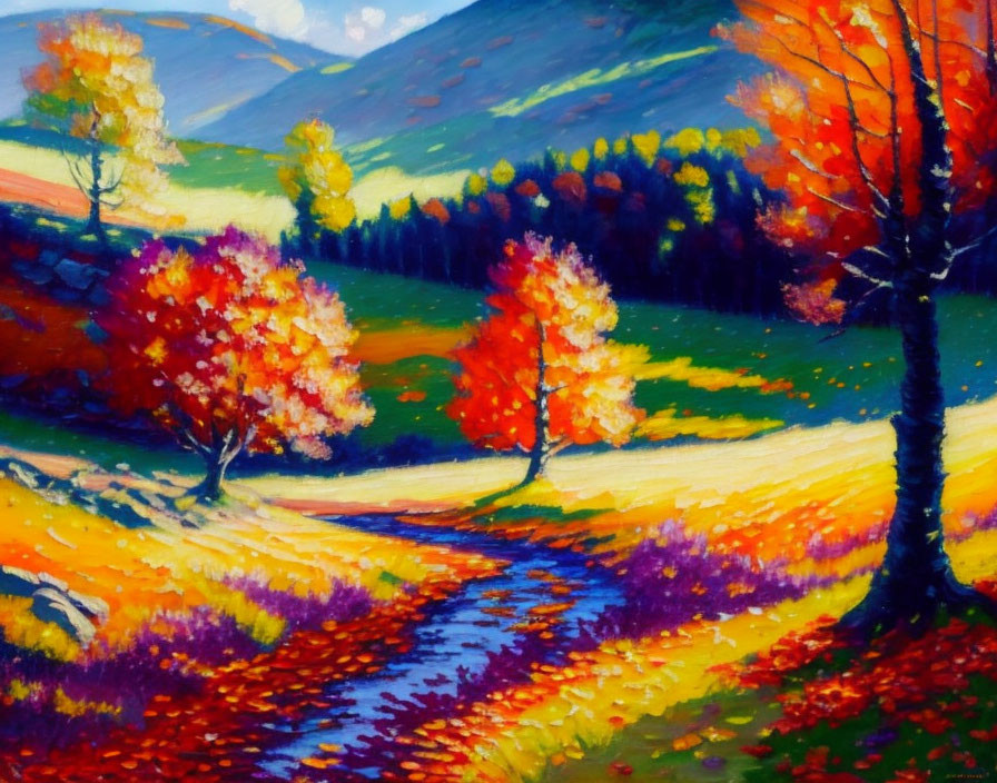 Colorful Autumn Landscape Painting with Stream & Rolling Hills