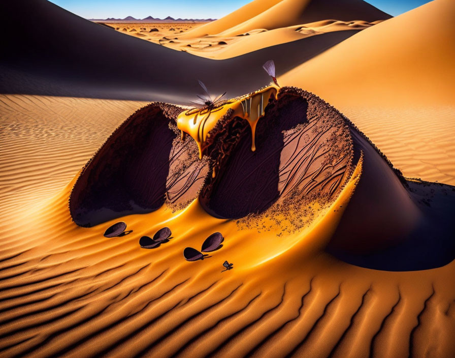 Surreal melting chocolate dessert with mint leaves on sand dunes