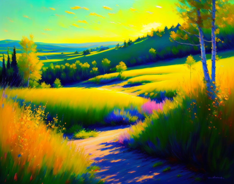 Colorful Landscape Painting of Sunlit Meadow and Rolling Hills