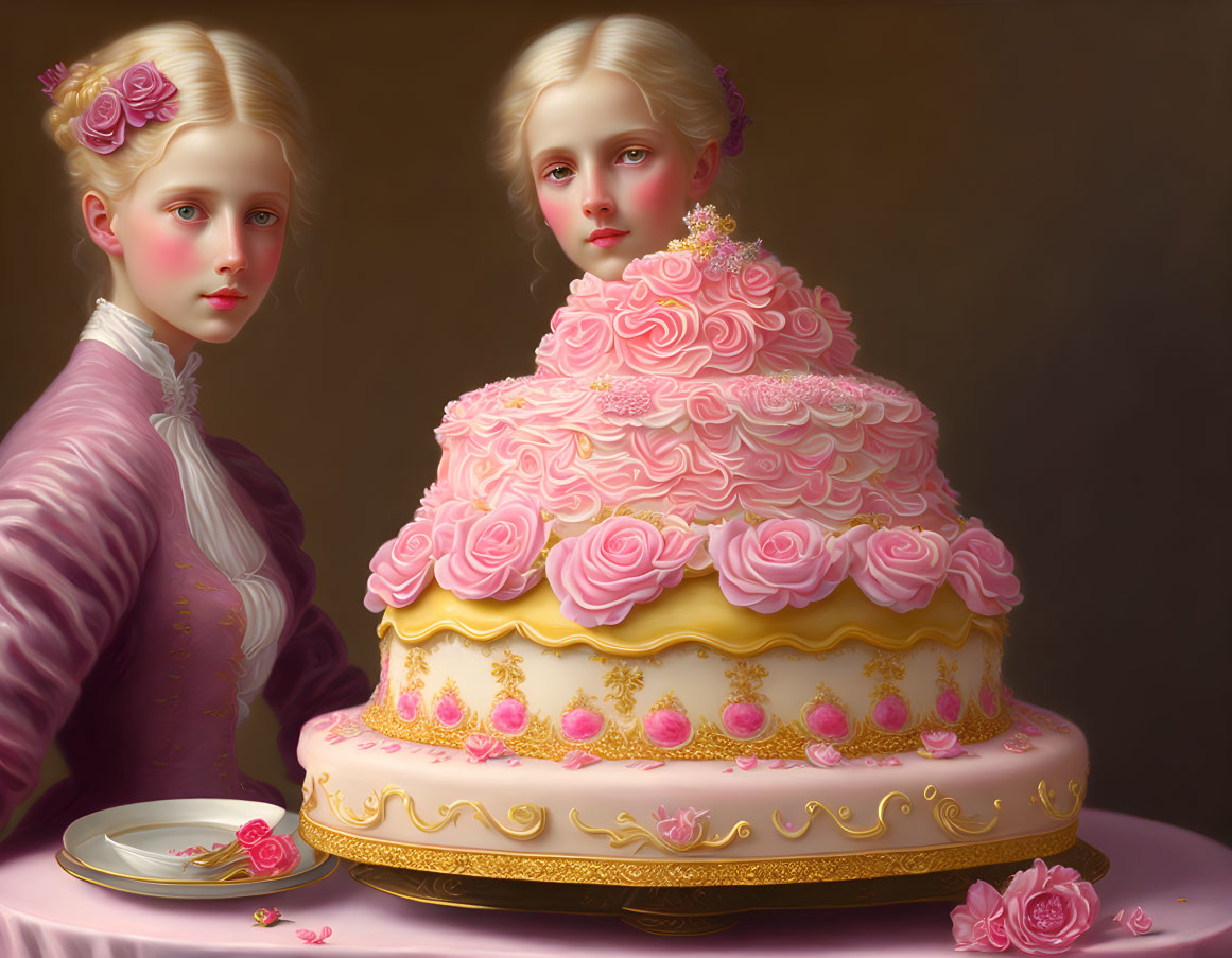 Surreal artwork featuring two girls in Victorian attire on a pink cake