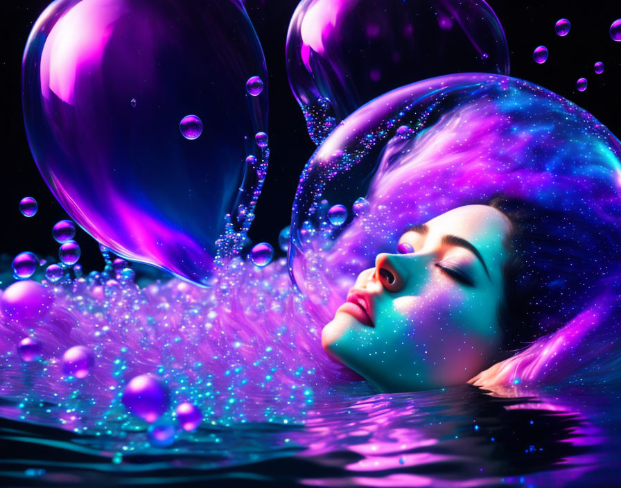 Surreal woman's face in cosmic makeup surrounded by purple orbs and bubbles