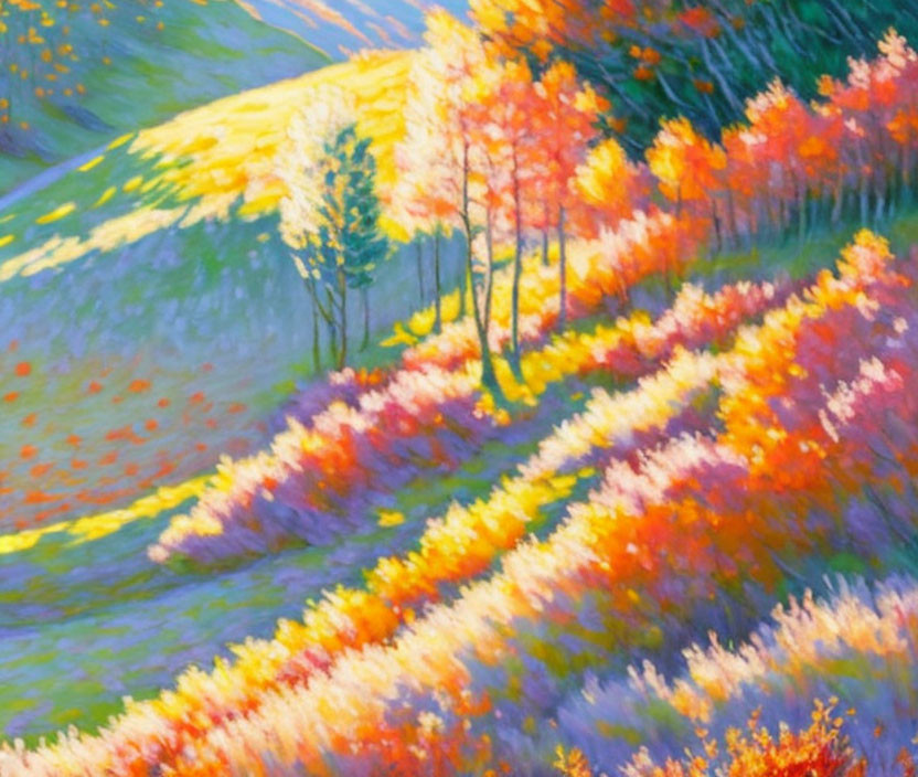 Colorful Autumn Hillside Painting with Yellow, Orange, and Red Trees