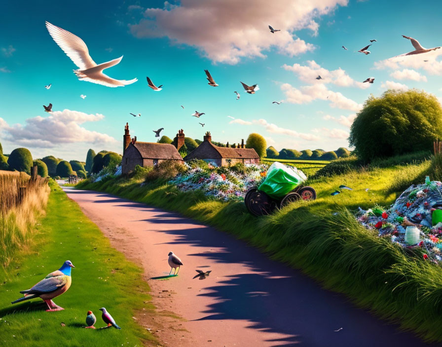 Scenic rural lane with green landscape, birds, littered bin, and quaint houses