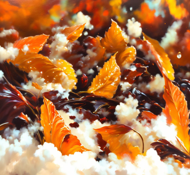 Colorful Autumn Leaves Floating on Clouds in Soft-focus Background