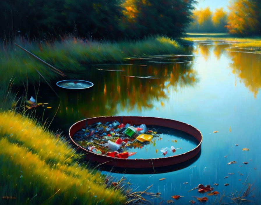 Tranquil river scene with floating vessel and discarded items