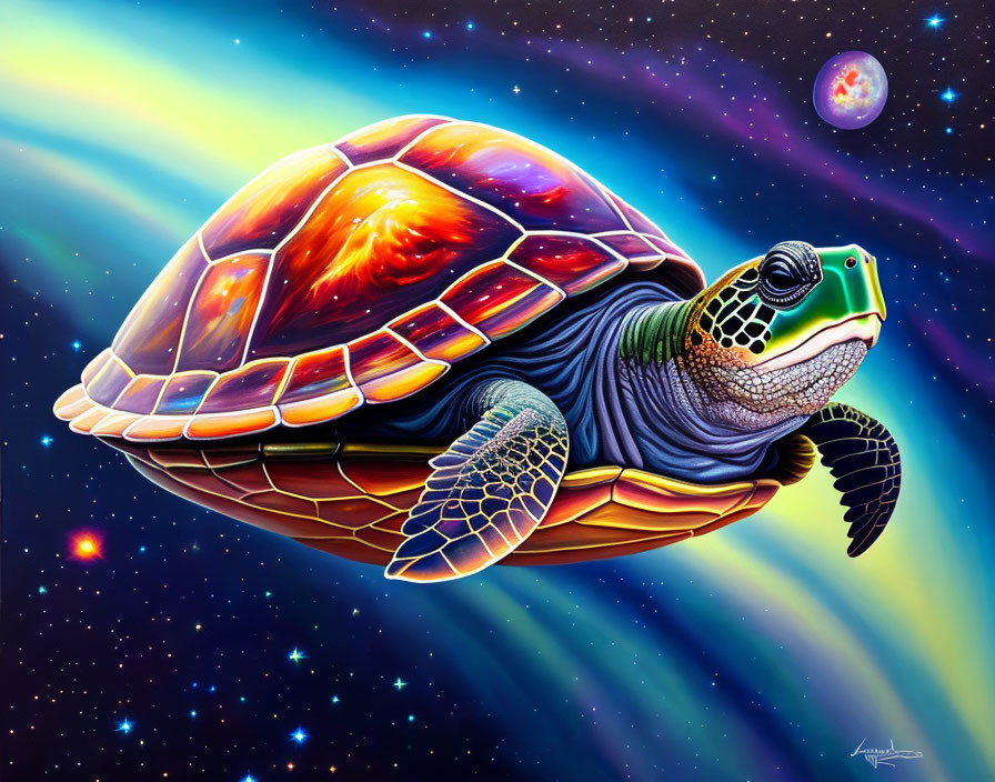 Colorful Turtle Painting with Starry Night Shell Swimming in Space