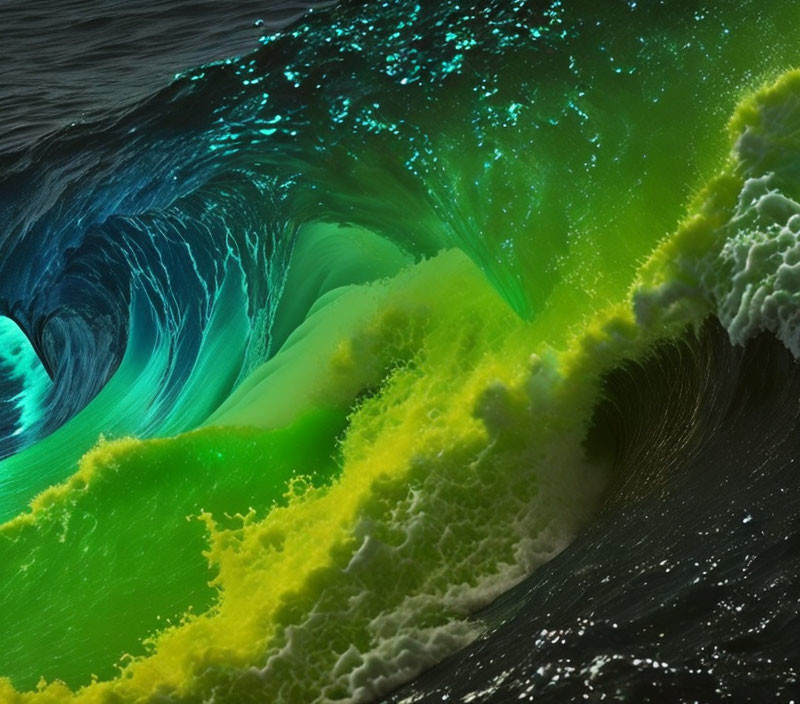 Detailed Wave Image: Green and Blue Neon-Lit Ocean Scene