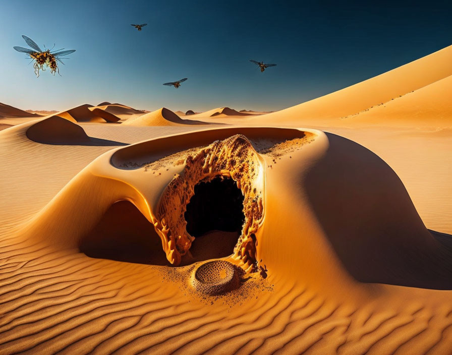 Surreal desert landscape with melting coffee spill hole and flying insects