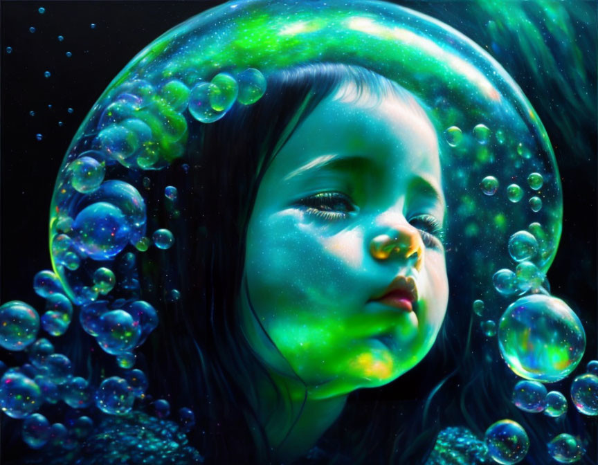 Child's Face Surrounded by Glowing Bubbles in Dreamlike Underwater Scene