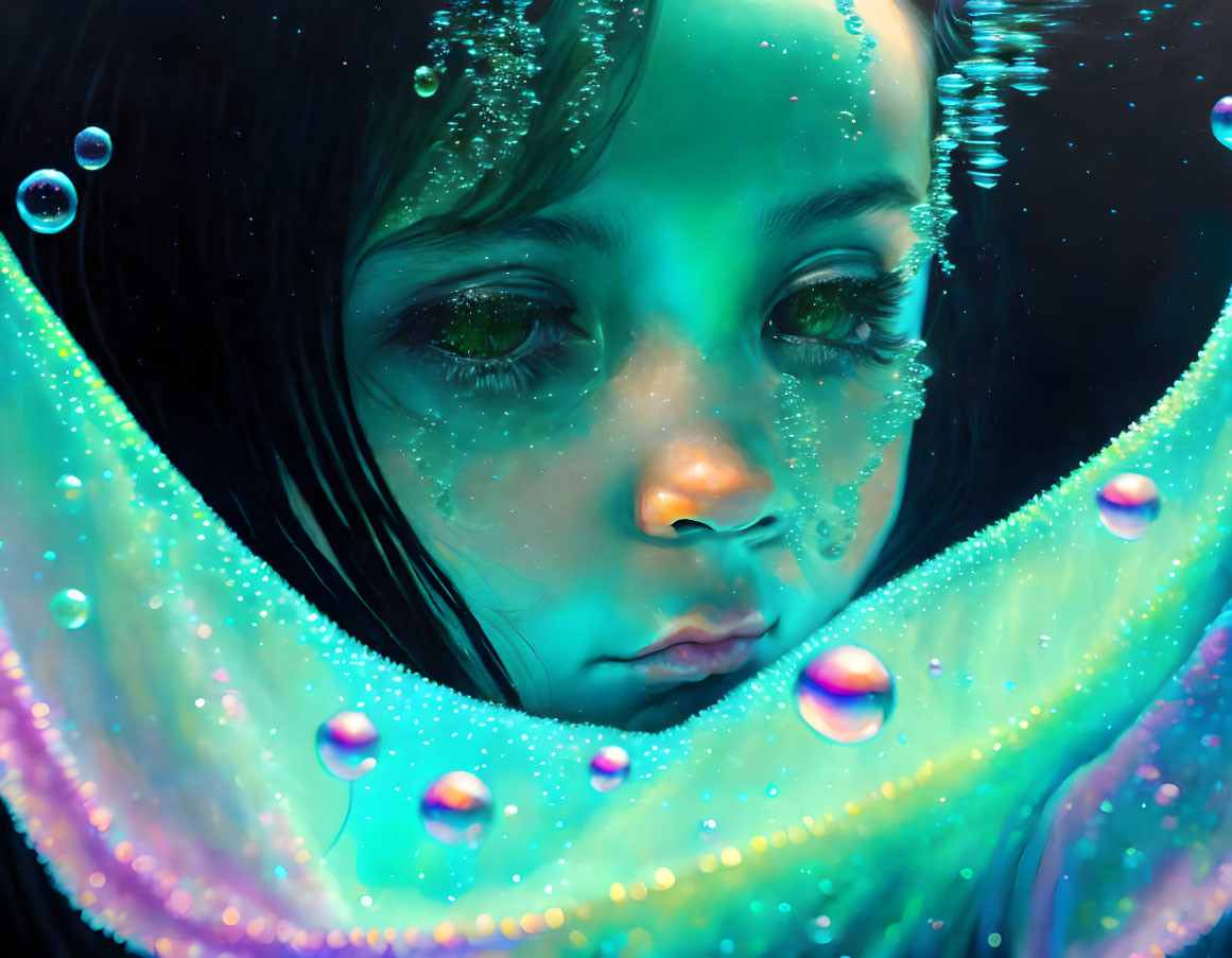 Colorful Digital Painting: Girl's Face Underwater with Glowing Aura