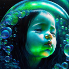 Child's Face Surrounded by Glowing Bubbles in Dreamlike Underwater Scene