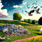 Colorful Bird Illustration Soaring Over Trash Pile in Green Landscape