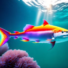 Colorful Shark-Like Creature with Rocket Engines and Diver in Digital Art