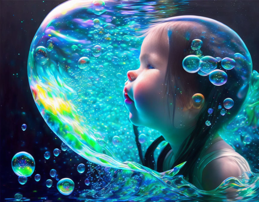 Child mesmerized by colorful, iridescent bubbles in the air