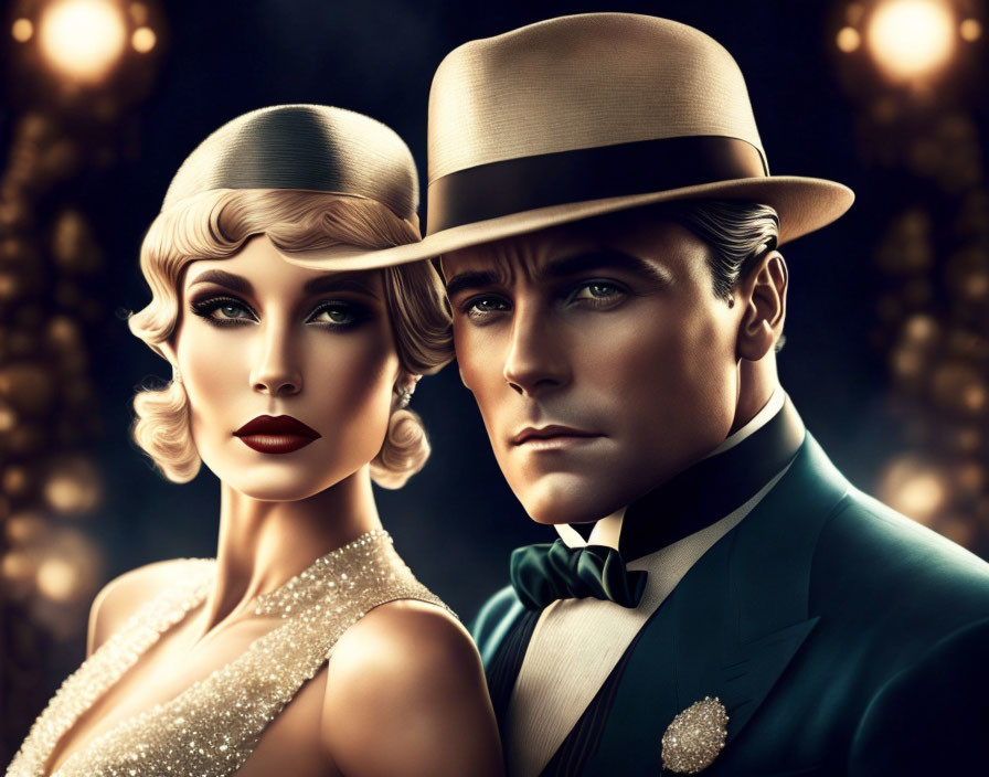 Vintage 1920s Fashion: Elegant Couple in Glamorous Setting