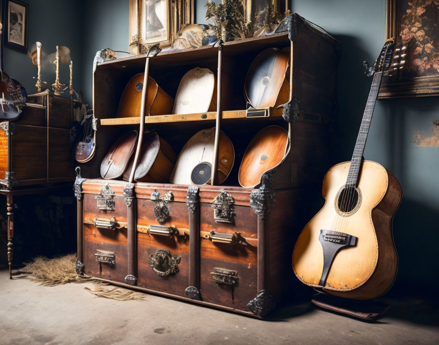 Classic String Instruments Displayed in Vintage Wooden Cabinet