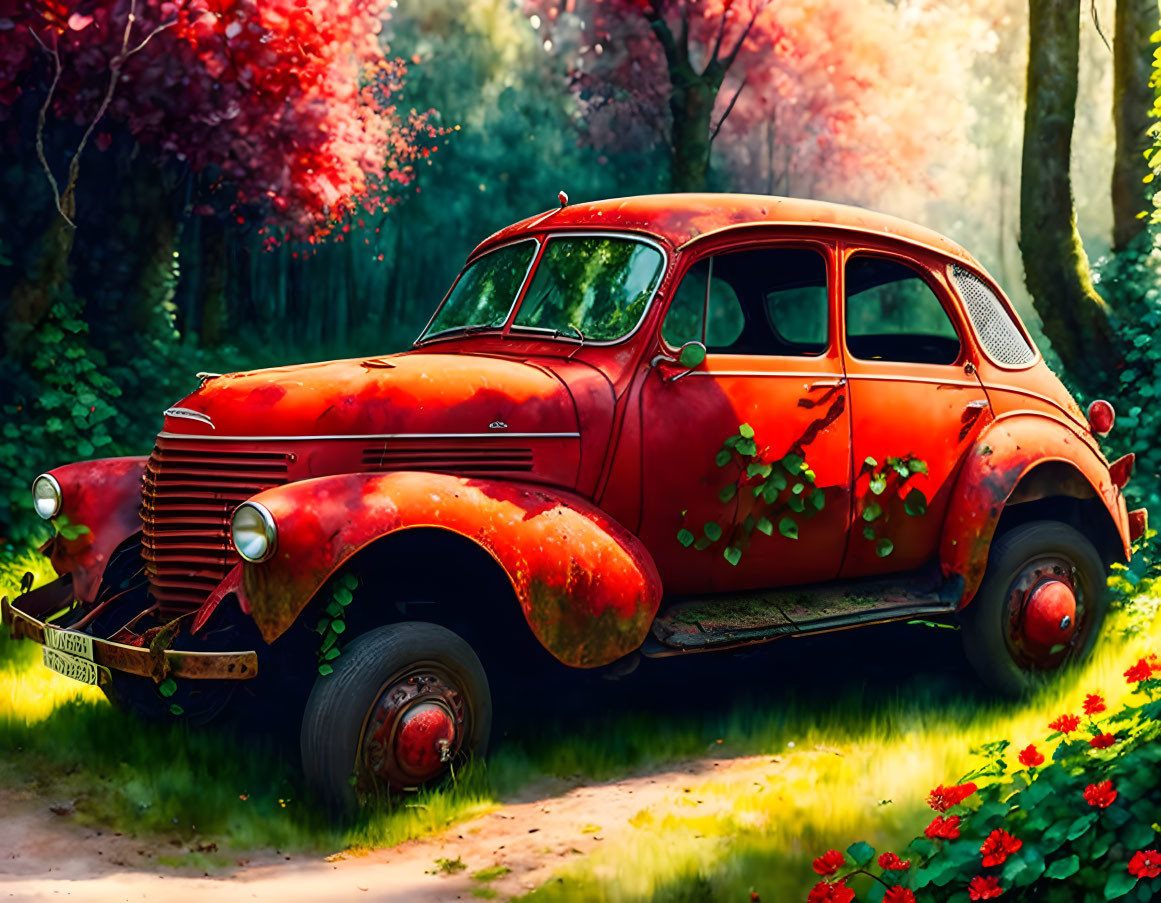 Vintage Red Car Covered in Plants in Sunny Forest Clearing