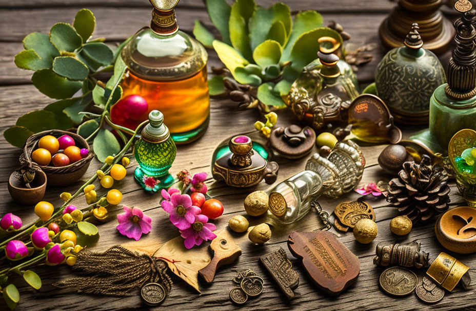 Vintage Bottles, Beads, Flowers, and Antiques on Wooden Surface