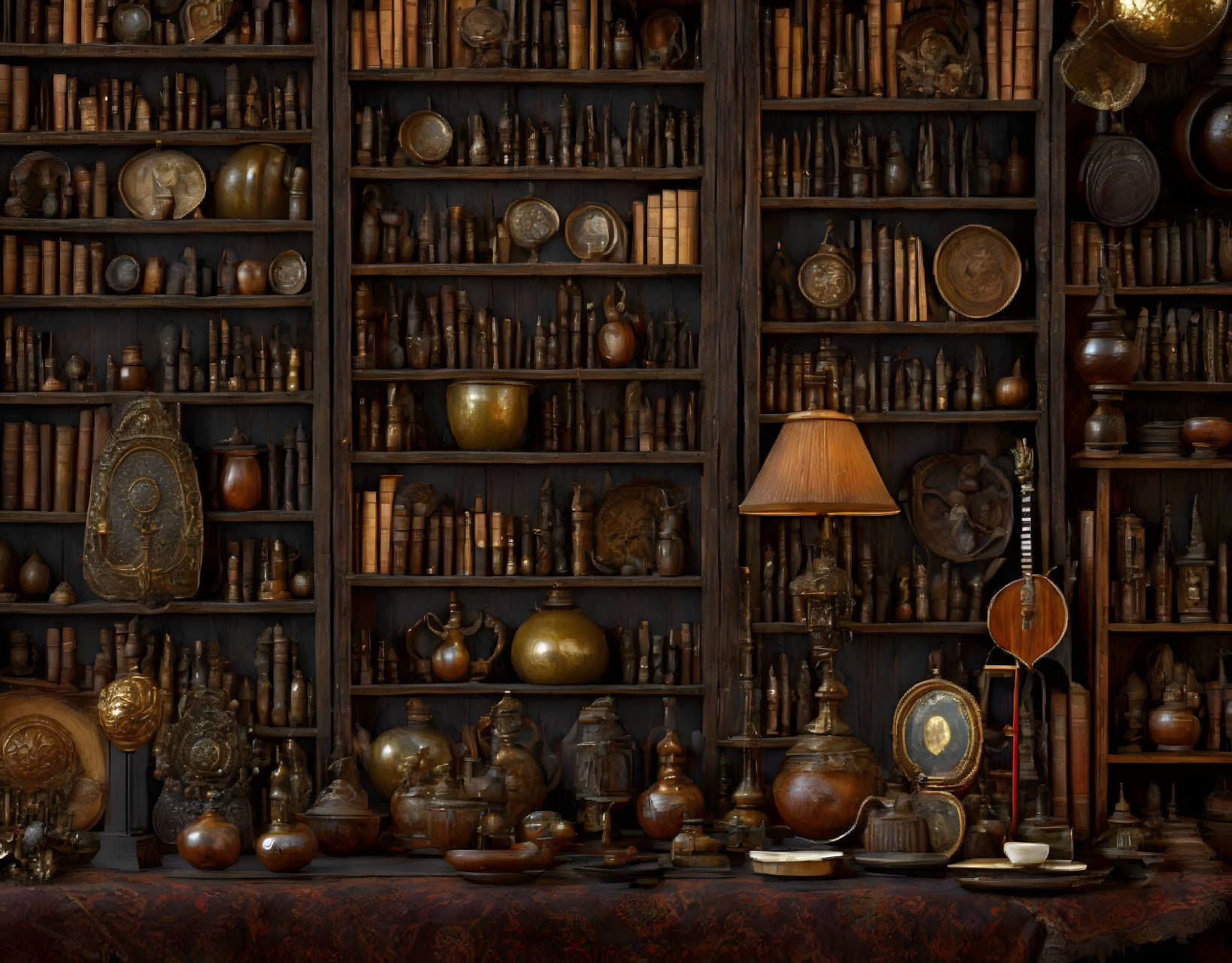 Vintage study with guitar, books, and antique items on wooden shelves