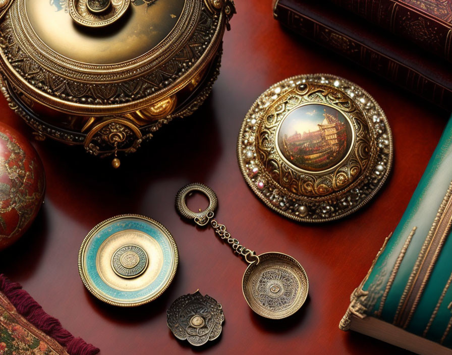 Collection of Vintage Objects: Pocket Watch, Locket, Decorative Plates, Leather-bound Books