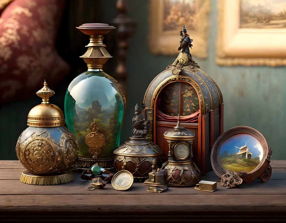 Antique Globe, Urns, Artwork & Clock on Wooden Surface
