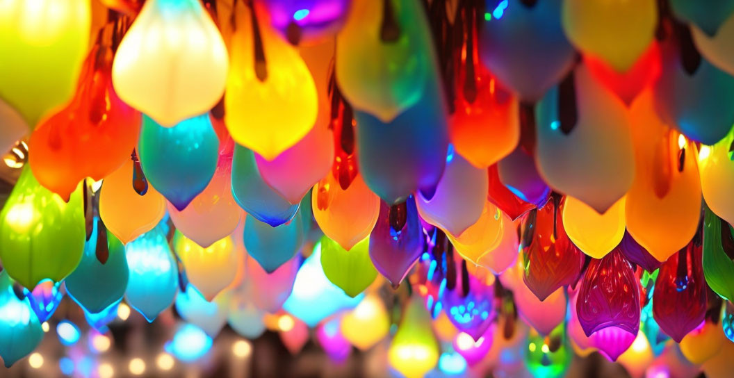 Vibrant tulip-like hanging lights illuminate in colorful design