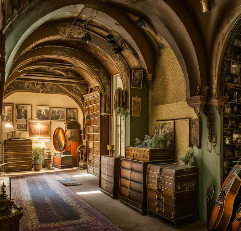 Classic Vintage Room with Arched Ceiling, Antique Furniture, Framed Pictures, Warm Lighting, and Guitar