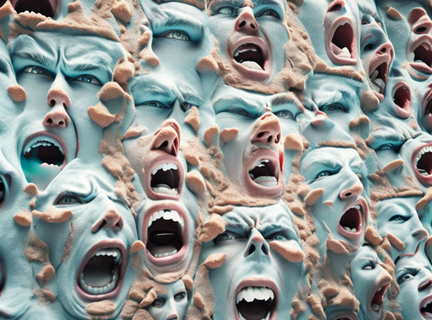 Surreal image of anguished faces on textured surface