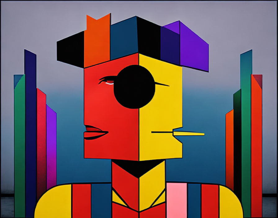 Vibrant geometric human face abstraction on gradient background.