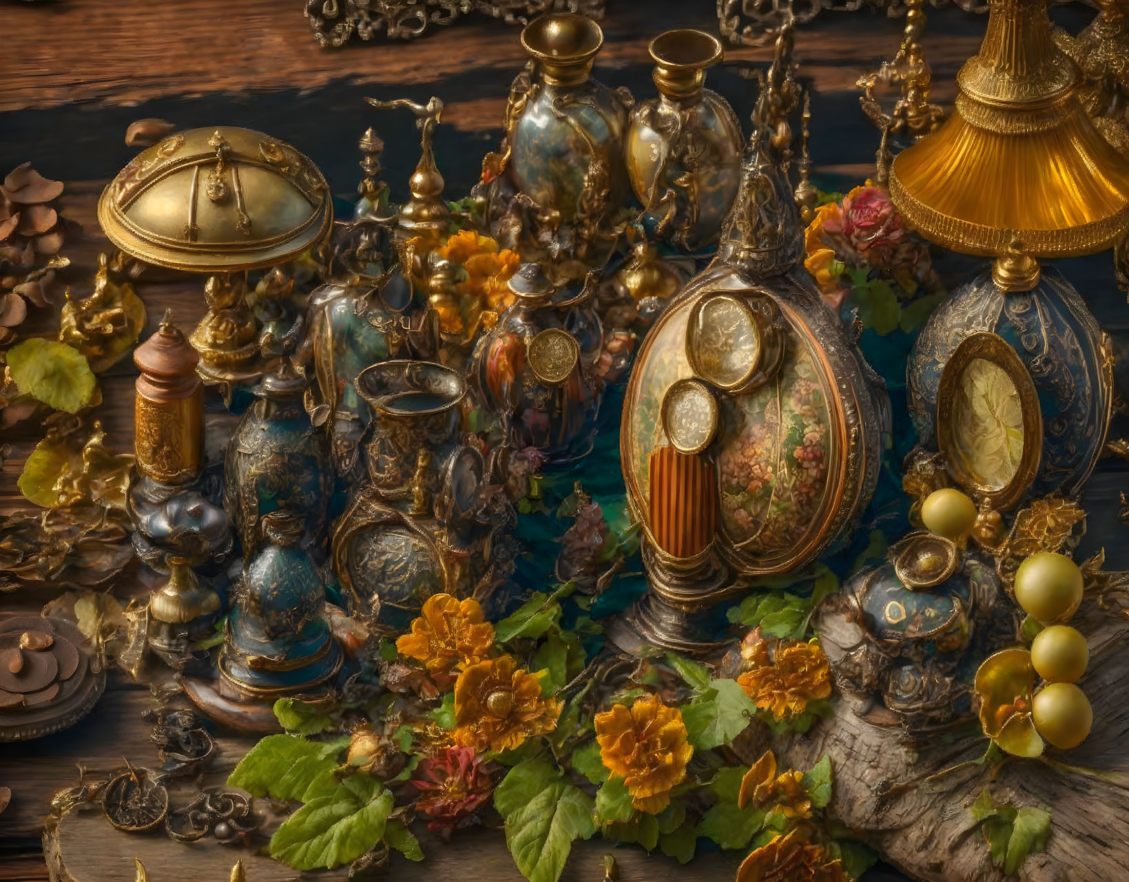Assortment of antique lamps, vases, and goblets on rustic wooden backdrop