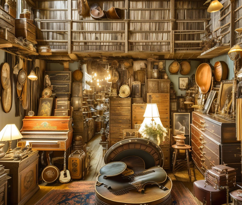 Vintage Room with Antiques, Stringed Instruments, Wooden Furniture, Books, and Lamps