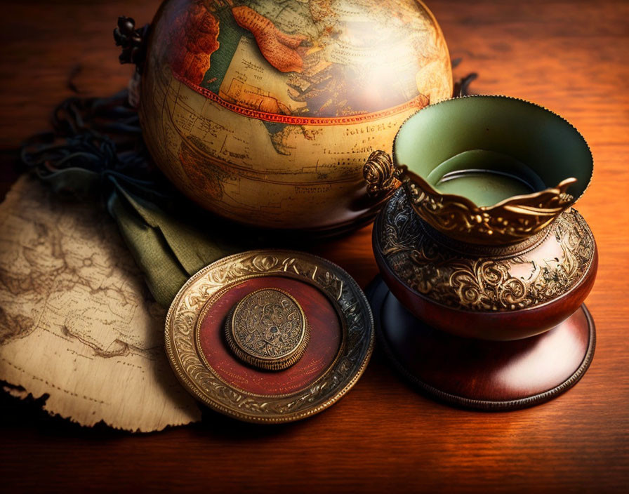 Vintage globe, compass, map, and teacup on wooden surface