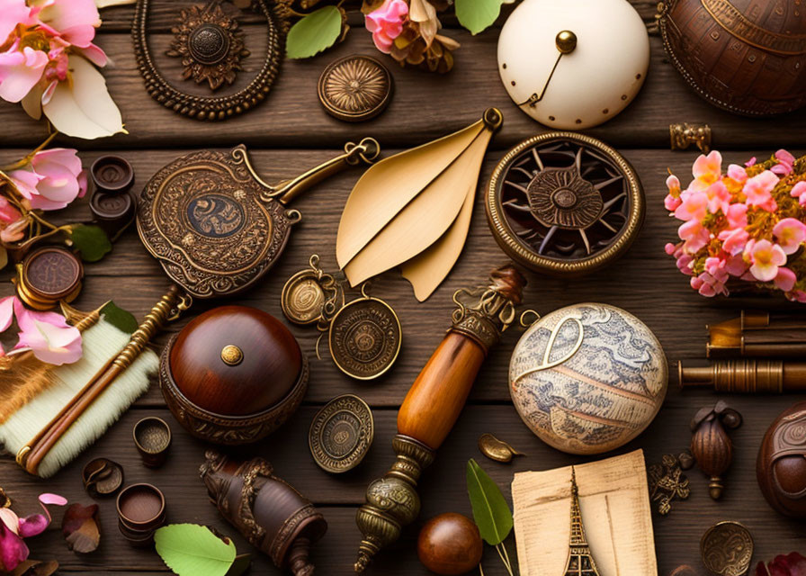 Collection of Vintage Trinkets with Pink Flower Petals on Wooden Surface