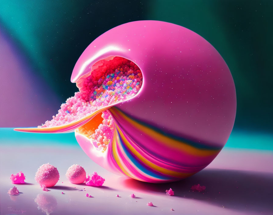 Colorful candy-like particles inside glossy pink sphere on teal and purple background