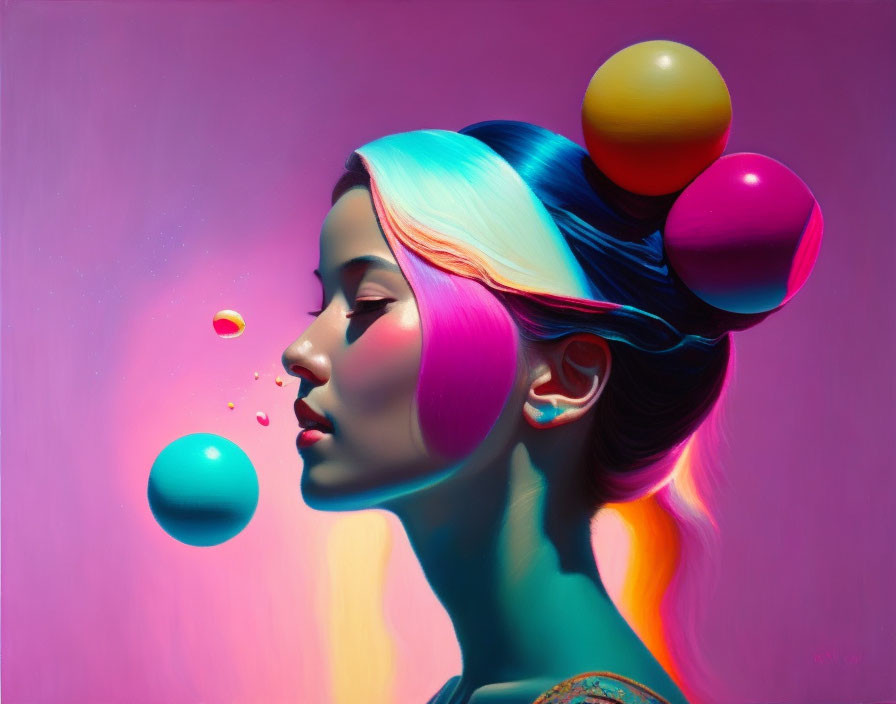 Colorful Hair Woman with Floating Spheres on Pink Gradient