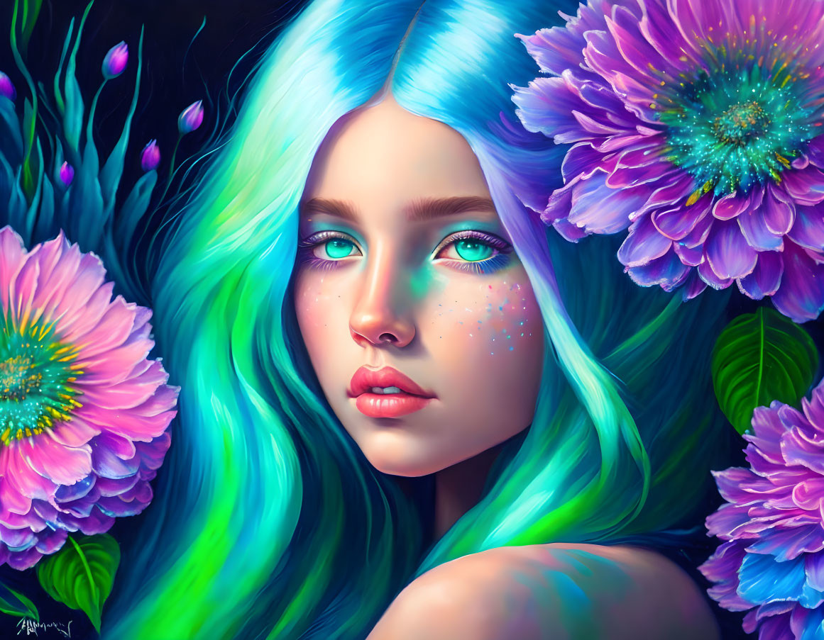 Person with Aqua-Colored Hair and Pink Flowers: Enchanting Portrait with Green Eyes