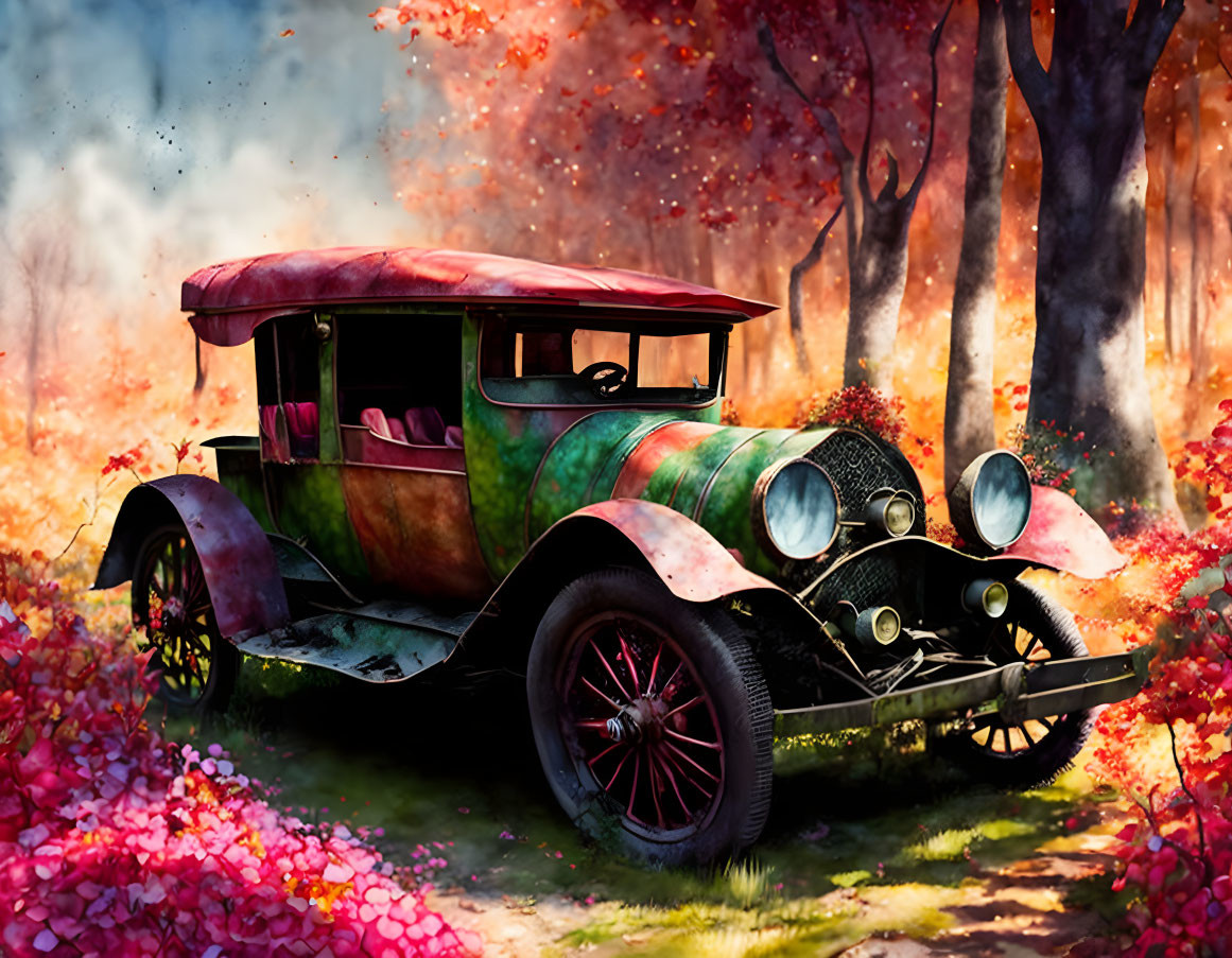 Abandoned colorful car surrounded by pinkish-red flowers in autumn forest