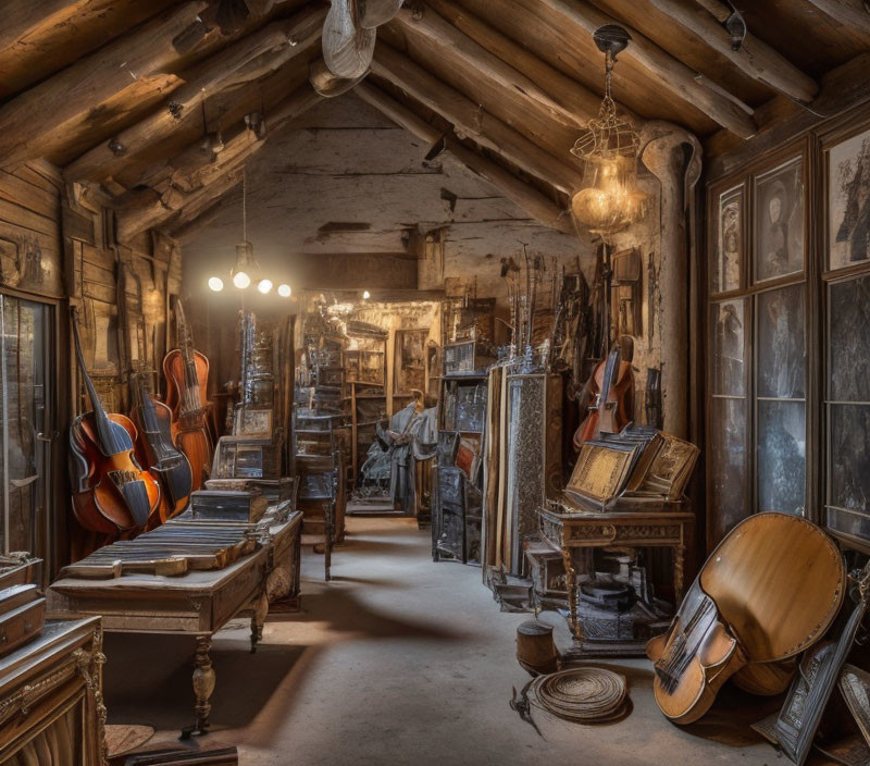 Vintage musical instruments, artworks, and furniture in rustic antique shop